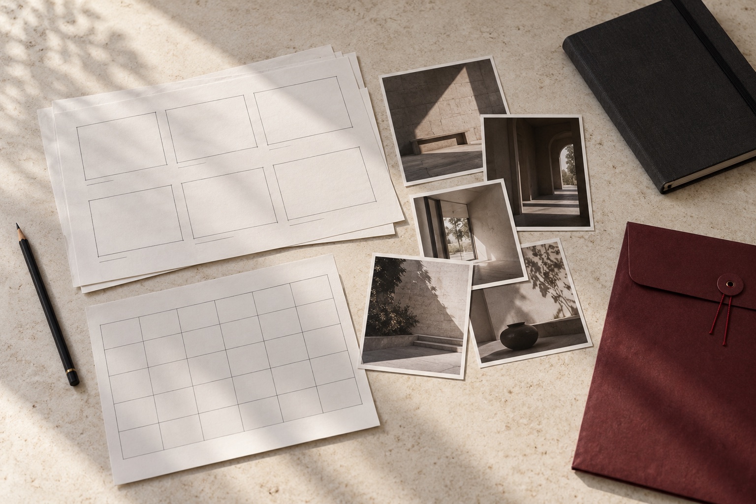 Mesa editorial con notas, fotografías y planificación de contenido